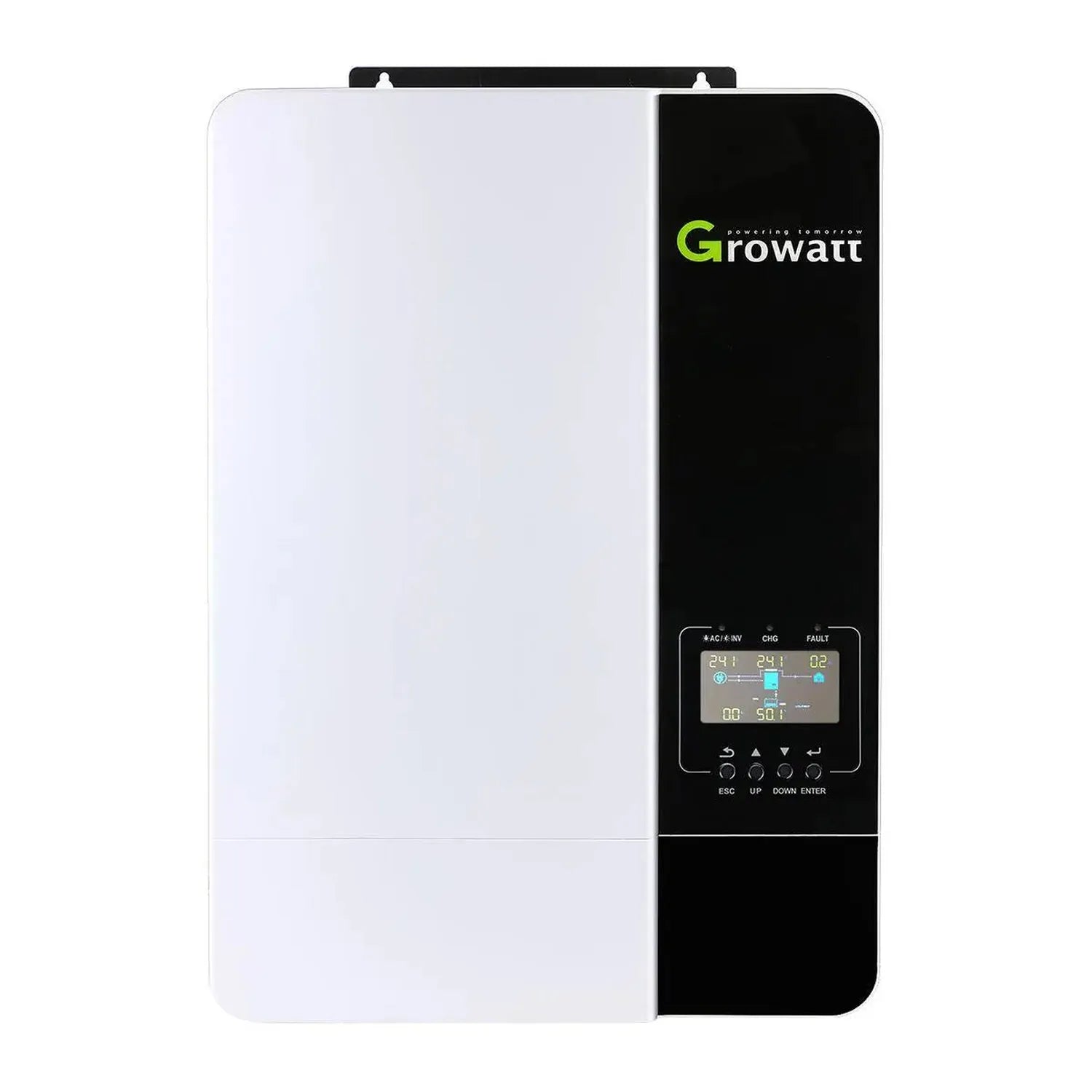 Growatt SPF5000-ES inverter charger with white front panel and black control interface displaying digital readout and navigat