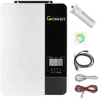 Growatt SPF5000-ES inverter with accessories including USB cable, monitoring software CD, power cord, and wiring harness disp