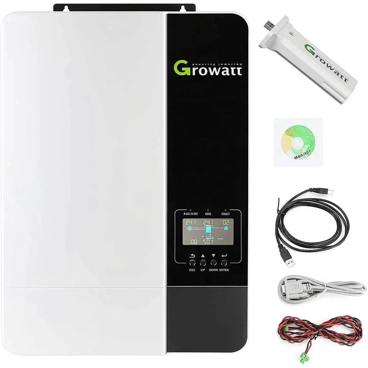 Growatt SPF5000-ES inverter with accessories including USB cable, monitoring software CD, power cord, and wiring harness disp