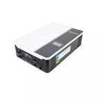 Growatt SPF5000-ES off-grid inverter charger, black and white rectangular device with control panel and cooling vents, angled
