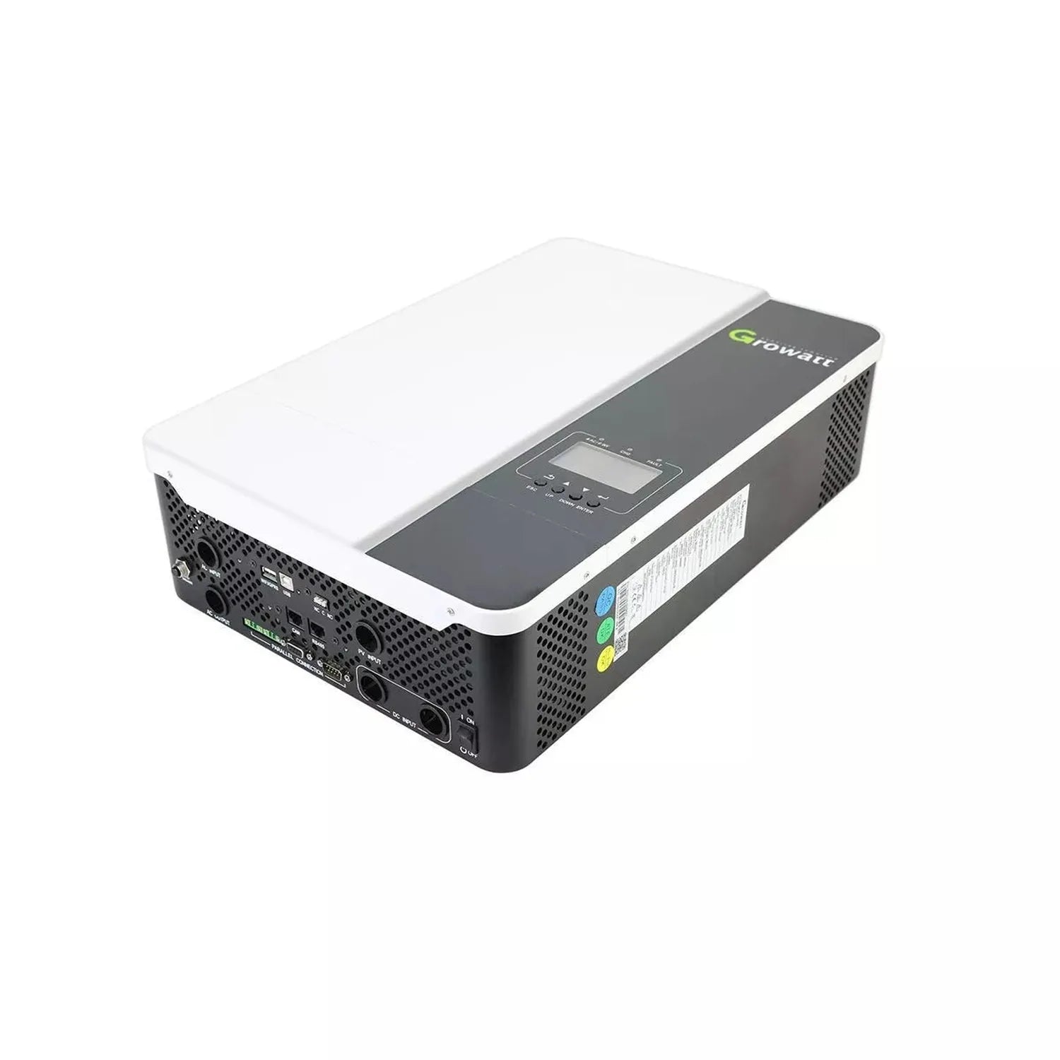 Growatt SPF5000-ES off-grid inverter charger, black and white rectangular device with control panel and cooling vents, angled