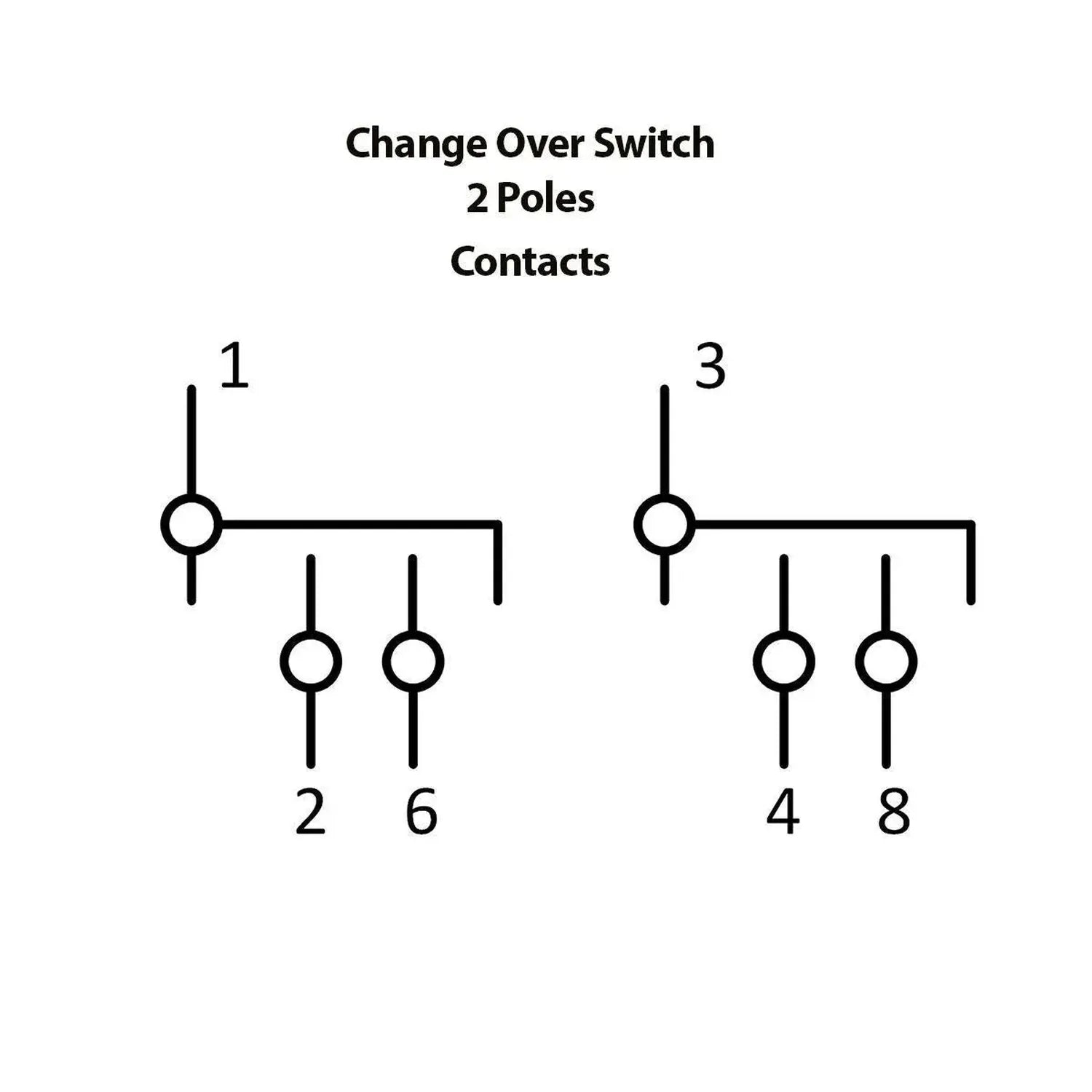 Wiring diagram for 2-pole change-over switch showing pole positions 1 and 3 as common contacts, with throw positions 2 and 6 