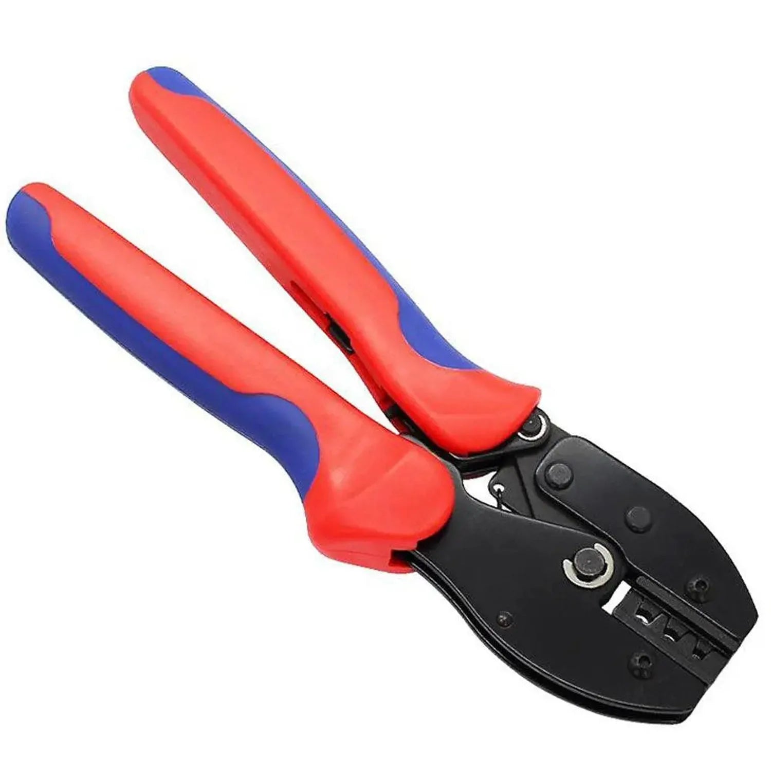 Red and blue MC4 solar cable crimping tool with black metal base and adjustment mechanisms, product shot on white background.