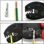 MC4 crimping tool model LY-2546B with instruction images showing wire stripping, connector insertion, and crimping process fo