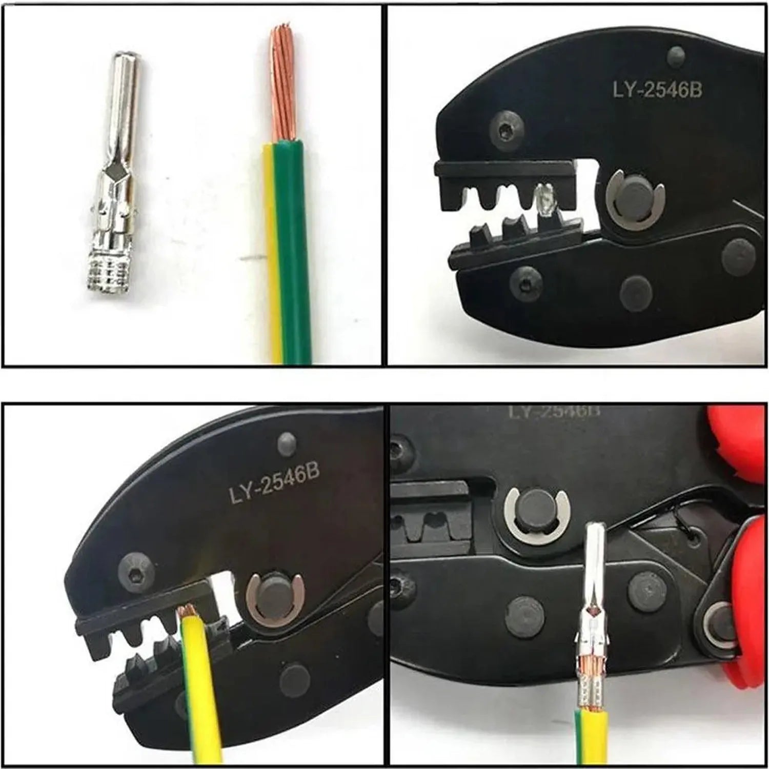 MC4 crimping tool model LY-2546B with instruction images showing wire stripping, connector insertion, and crimping process fo