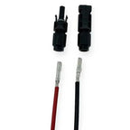 MC4 connector set with two black housing connectors and two crimping tool terminals in red and black insulation.