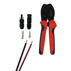 MC4 crimping tool kit with red and blue handles, interchangeable jaws, connector pieces, and two cable leads.