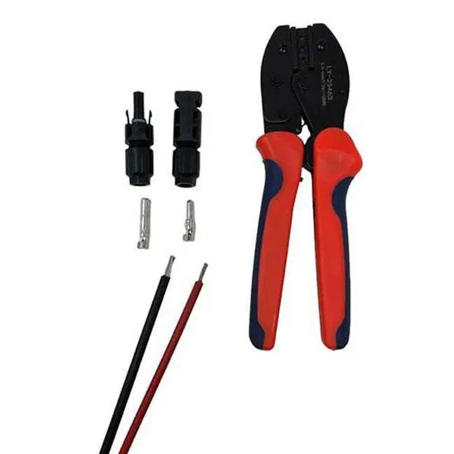 MC4 crimping tool kit with red and blue handles, interchangeable jaws, connector pieces, and two cable leads.