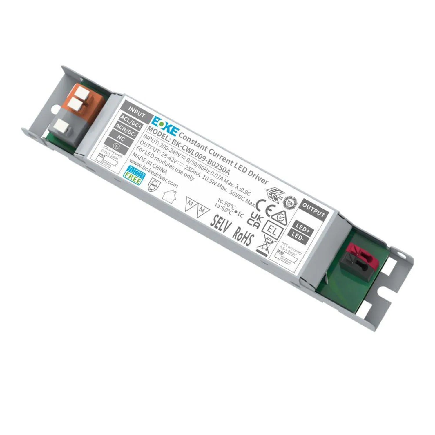 BOKE constant current LED driver with specifications label, input/output terminals, and green terminal blocks visible against