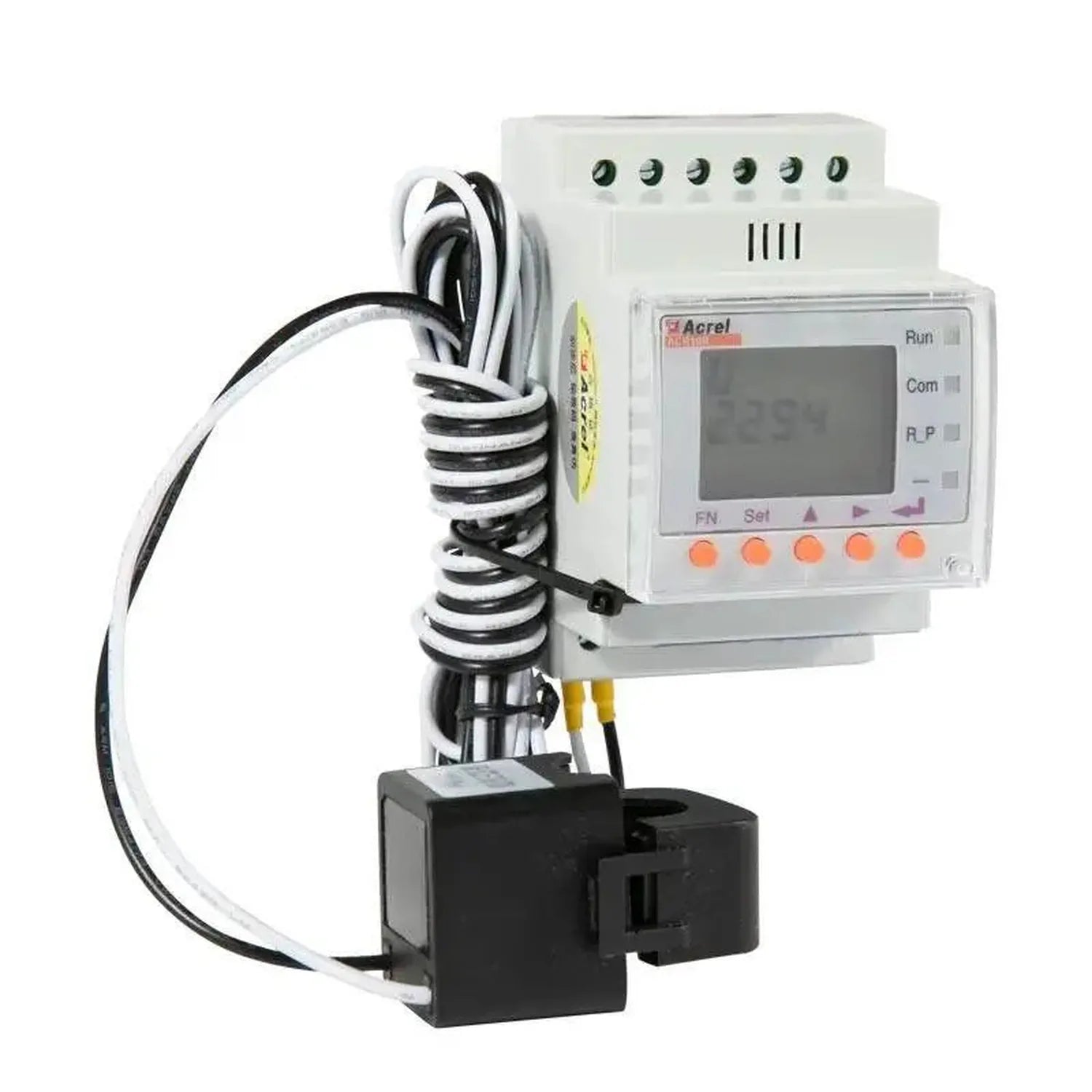 Acrel single phase energy meter with LCD display, terminal blocks, and coiled current transformer cable mounted on DIN rail.