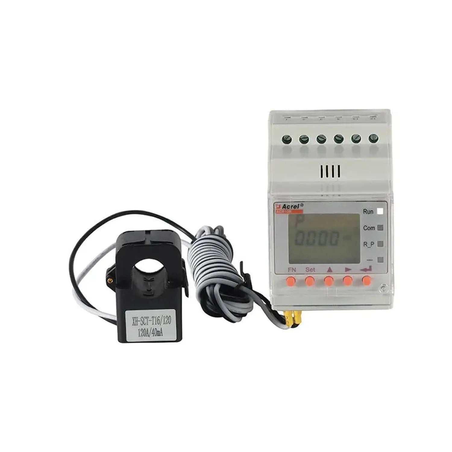 Acrel energy meter with digital display and current transformer clamp connected by coiled cable, shown as product components 