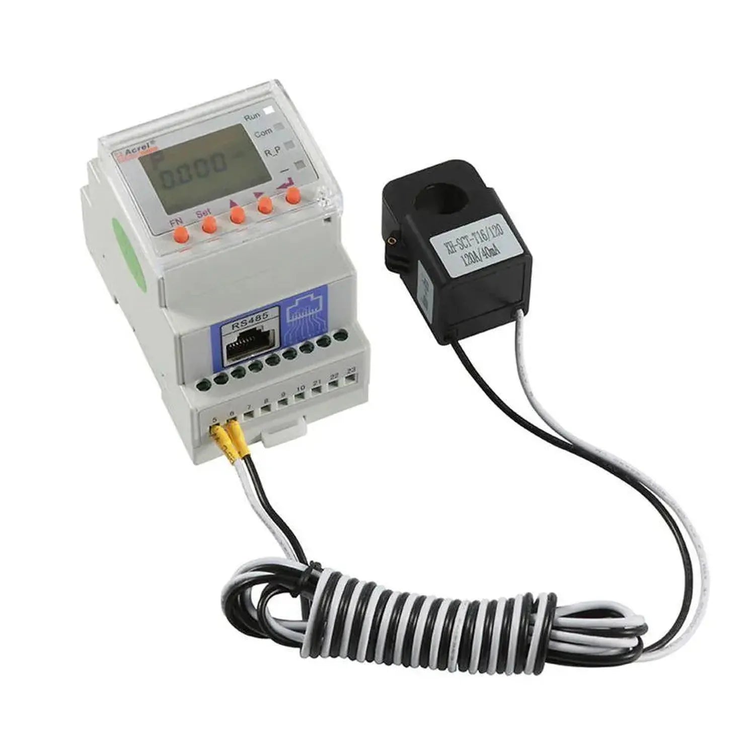 Acrel single phase energy meter with LCD display and orange buttons, connected to external current transformer via coiled cab