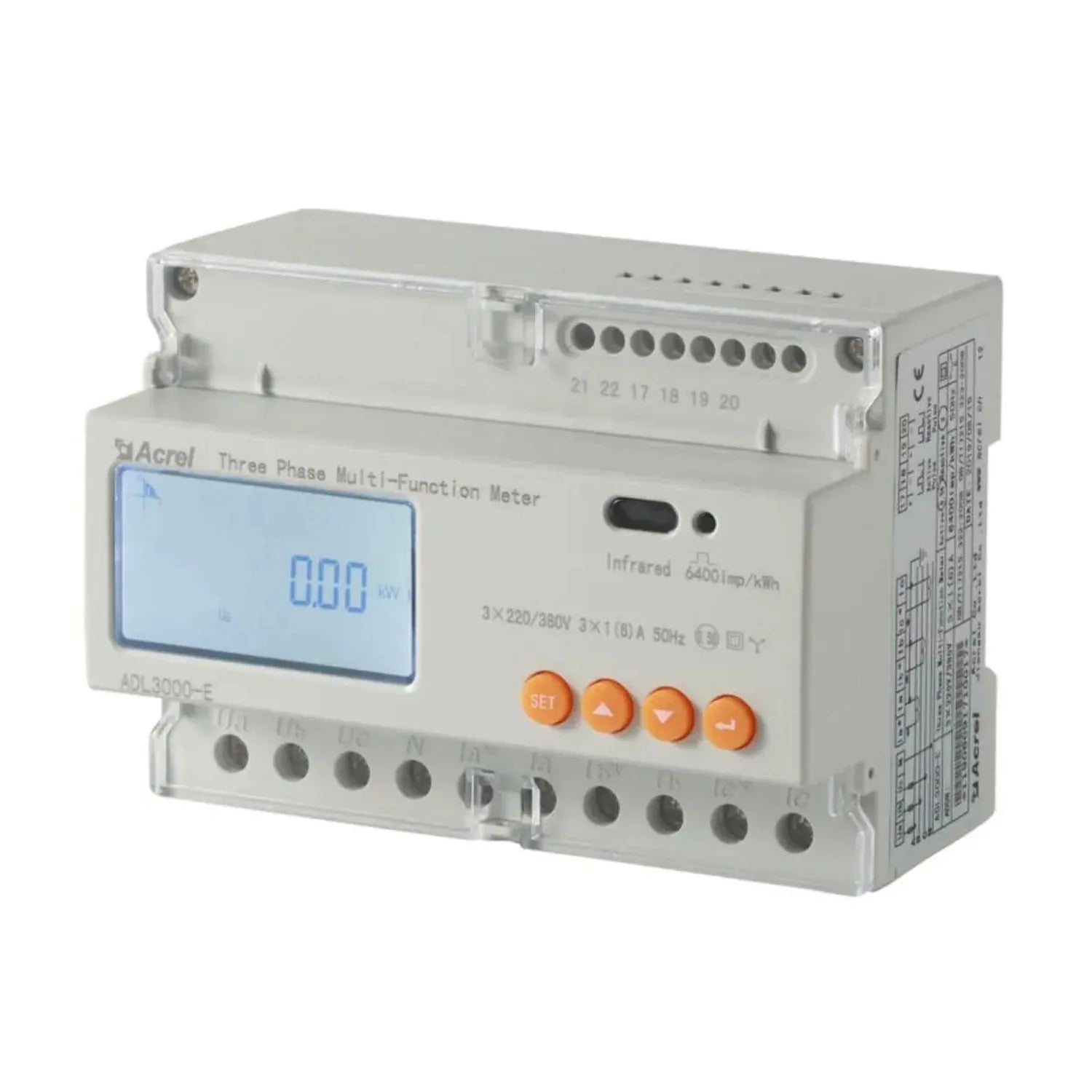 Acrel three phase multi-function meter with LCD display showing 0.00 kWh, mounted on DIN rail with terminal blocks and orange