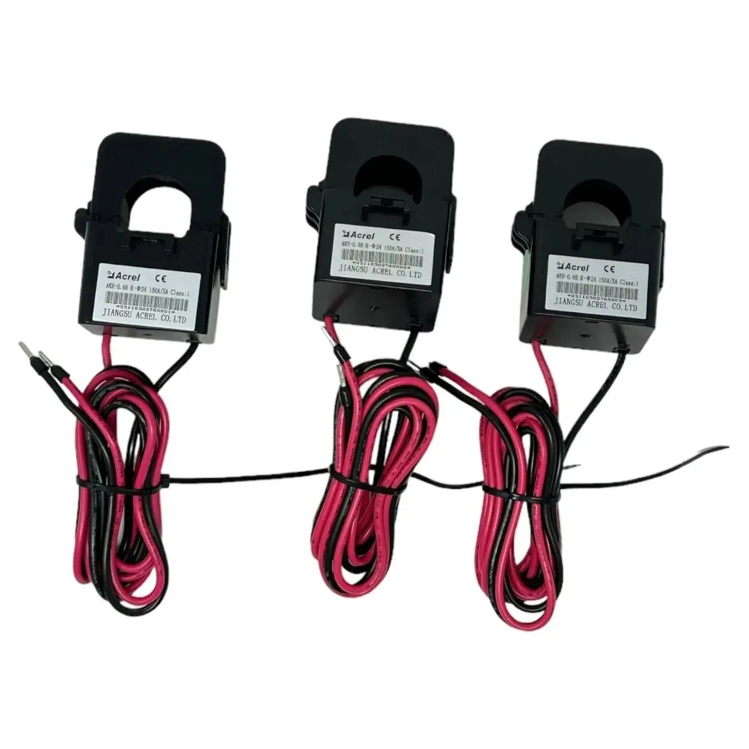 Three Acrel current transformers with pink and black wires connected in series, labeled for three-phase energy measurement.