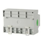 White three-phase energy meter with multiple terminal compartments, green indicator light, and mounting clips for DIN rail in