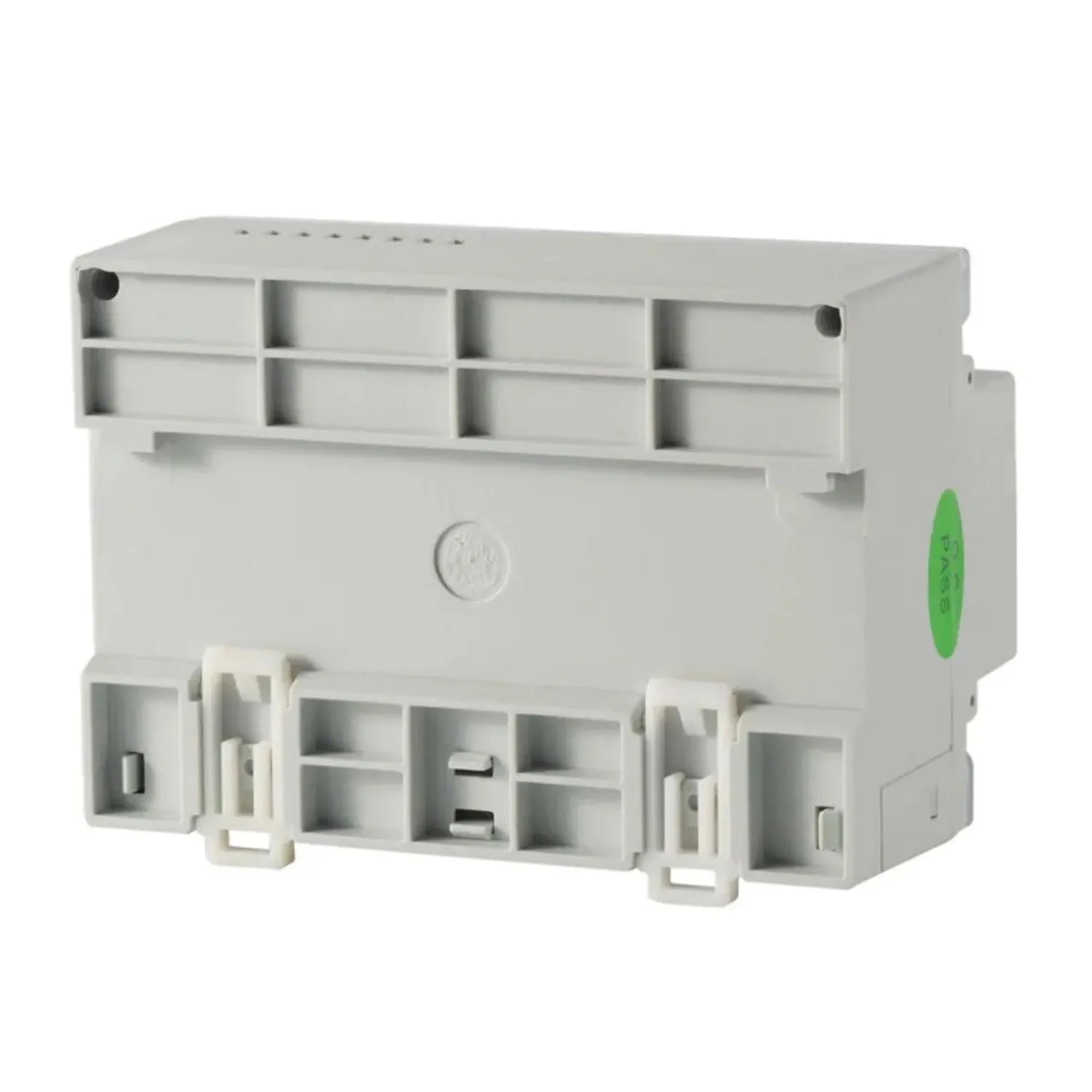 White three-phase energy meter with multiple terminal compartments, green indicator light, and mounting clips for DIN rail in