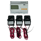 Acrel DTSD1352 three phase multi-function meter with display and control buttons above three split-core current transformers 
