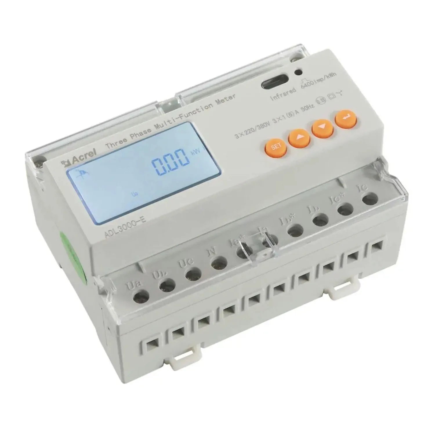 Acrel three phase multi-function meter with LCD display showing 0.00 kW, orange buttons, and terminal connections for three p