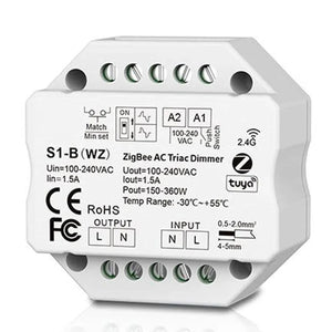 White octagonal AC Triac Dimmer Switch with terminal connections and control buttons, front view showing specifications and Z