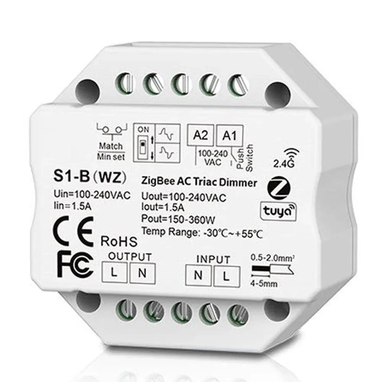 White octagonal AC Triac Dimmer Switch with terminal connections and control buttons, front view showing specifications and Z