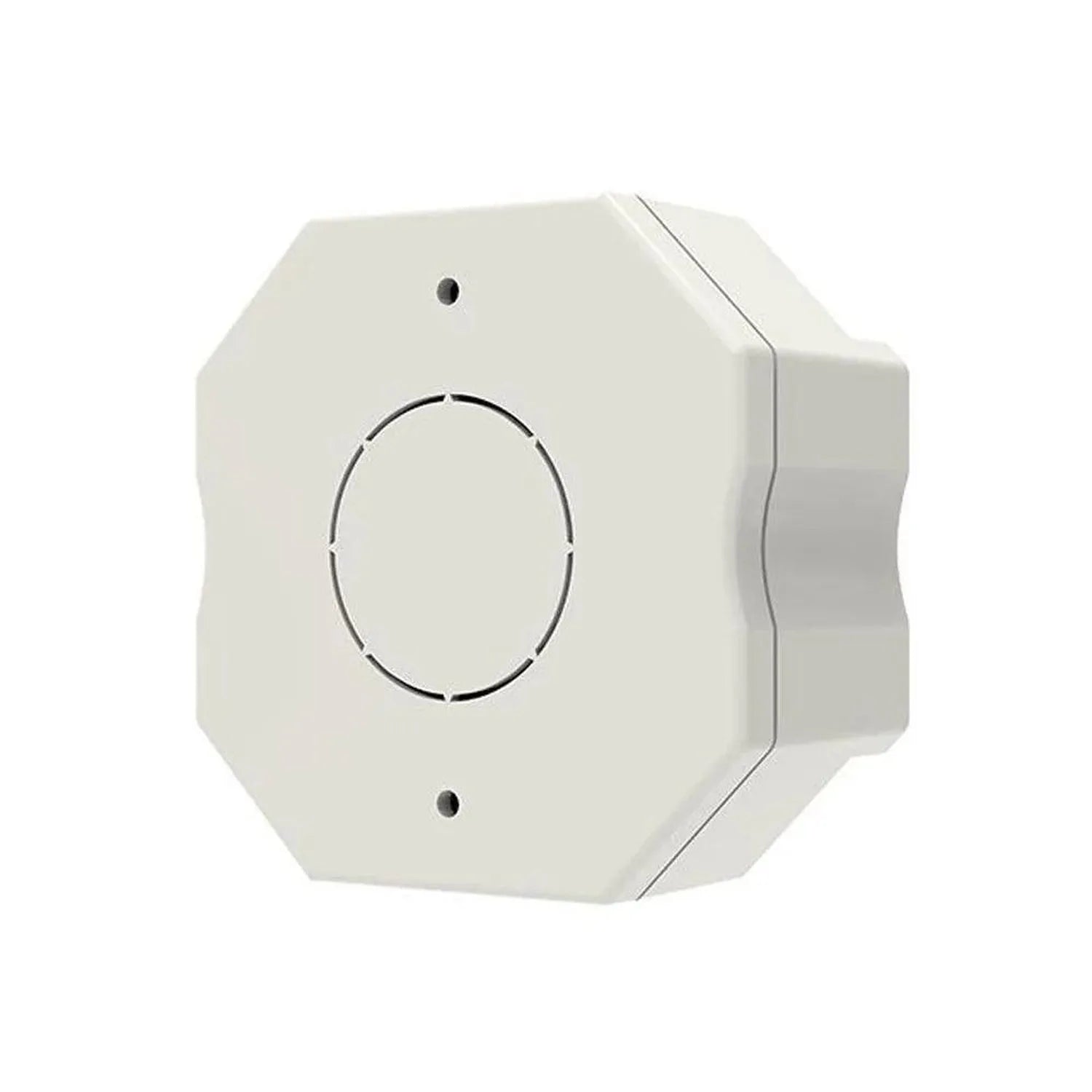 White octagonal Zigbee dimmer switch with central oval button and mounting holes, product shot on white background.
