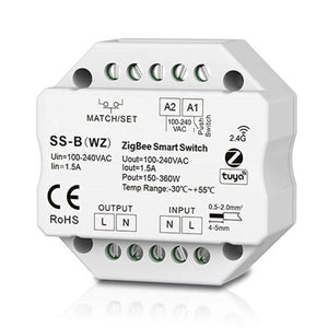 White octagonal Zigbee smart switch module labeled SS-B(WZ) with terminal screws and 2.4G wireless connectivity indicator.