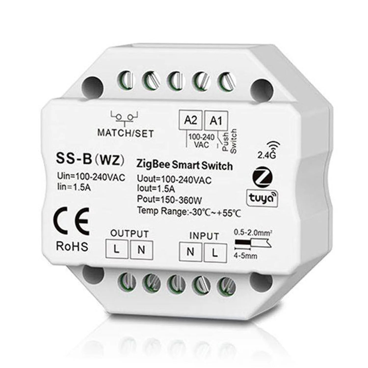 White octagonal Zigbee smart switch module labeled SS-B(WZ) with terminal screws and 2.4G wireless connectivity indicator.