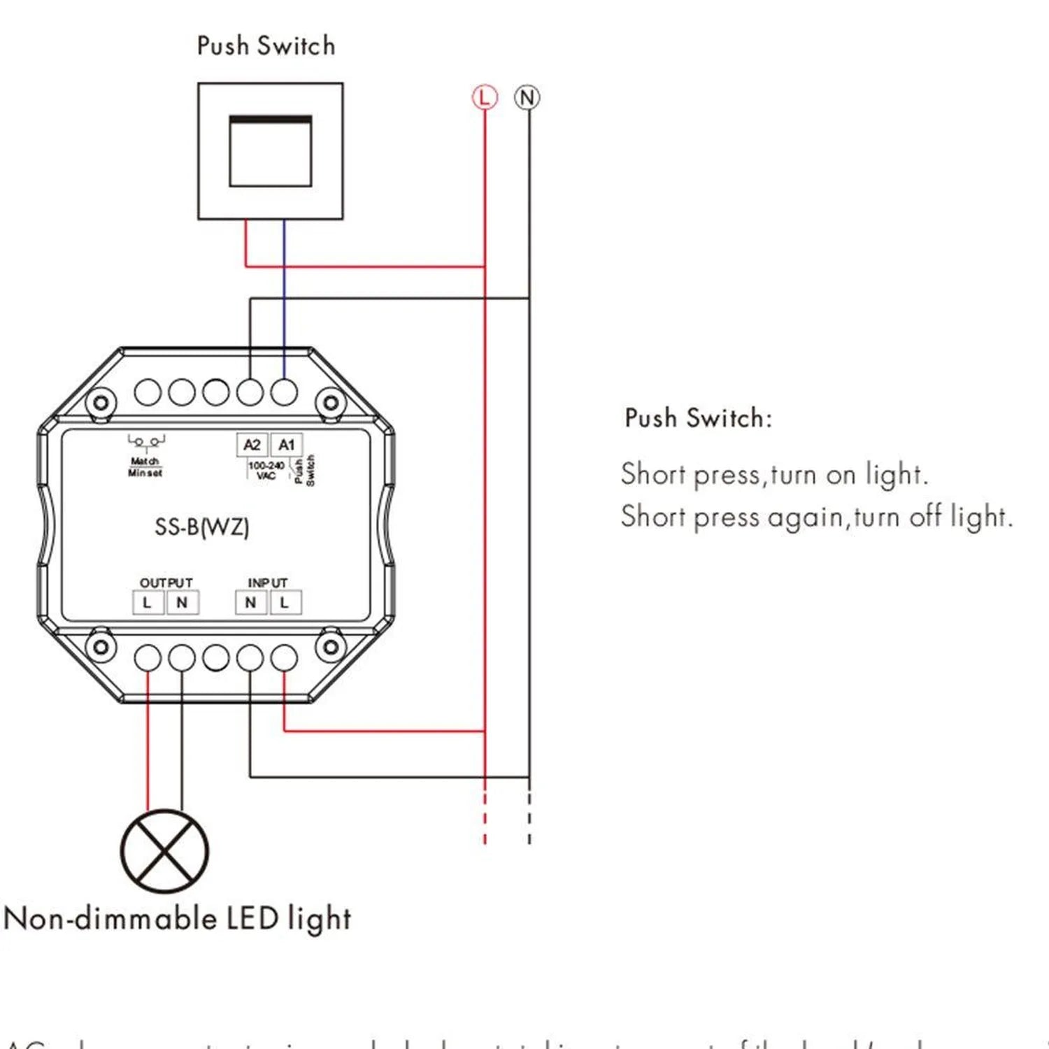 Wiring diagram showing push switch connection to SS-B wireless relay module and non-dimmable LED light installation instructi