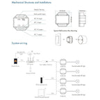 Mechanical structures and installation diagrams for Zigbee smart light switch system, showing wiring schematic, wall junction