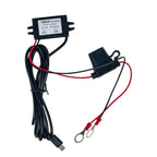 Voltacon DC/DC converter module with red and black wiring and USB-C output port against white background.