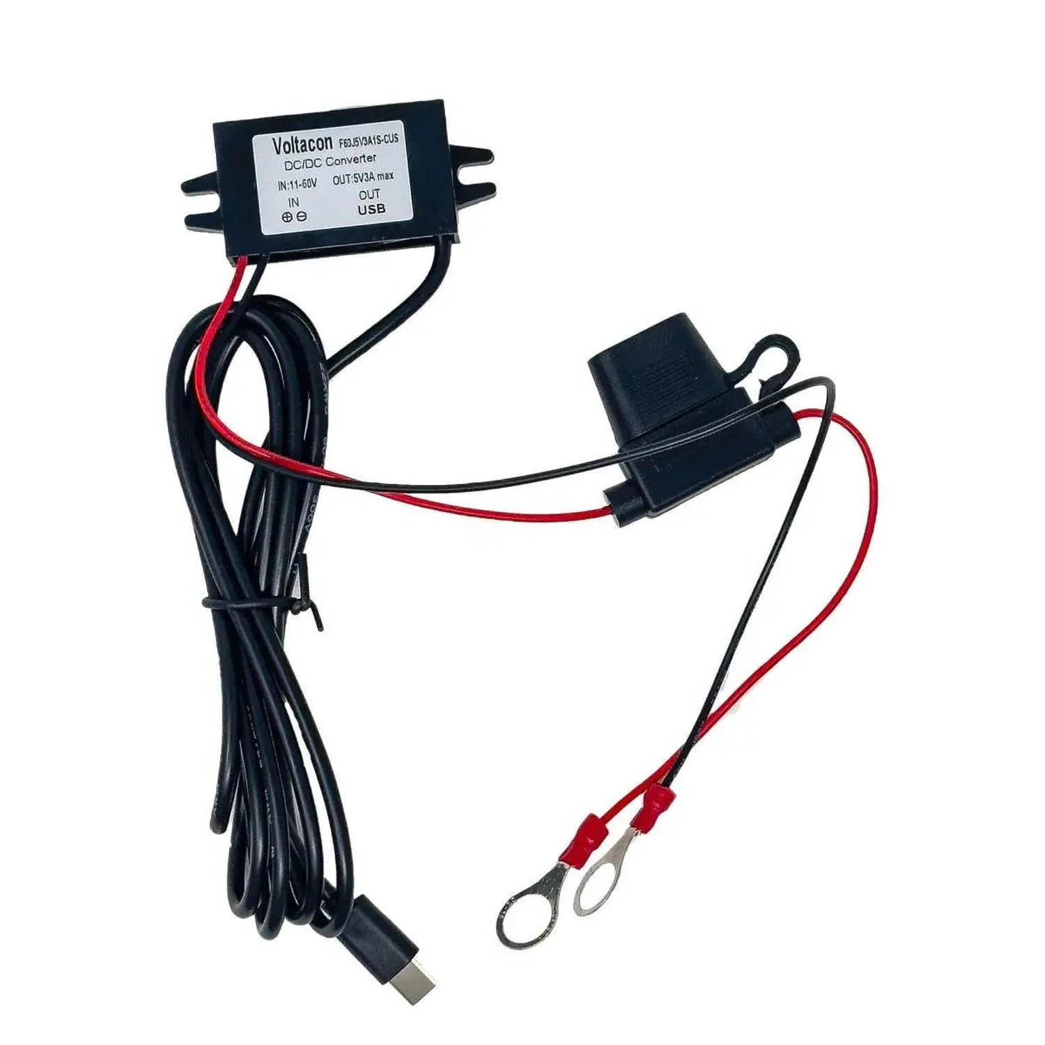 Voltacon DC/DC converter module with red and black wiring and USB-C output port against white background.