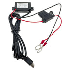Voltacon DC-DC converter with black housing, red and black wires, ring terminals, and USB-C output cable against white backgr