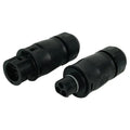 Two black cylindrical AC connectors with 3-pin receptacles, displayed against white background.