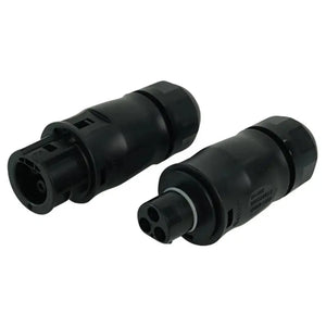 Two black cylindrical AC connectors with 3-pin receptacles, displayed against white background.