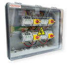 Voltacon PV Combiner Box with four input and four output terminals, multiple circuit breakers with yellow safety handles, and