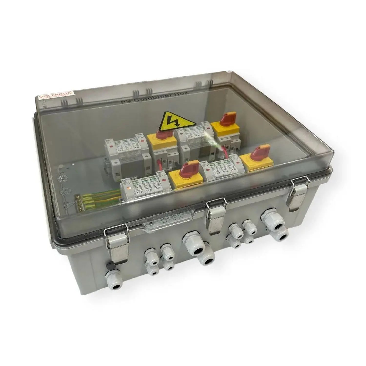 Solar PV DC combiner box with four input and four output terminals, yellow isolation switches, and gray weatherproof enclosur