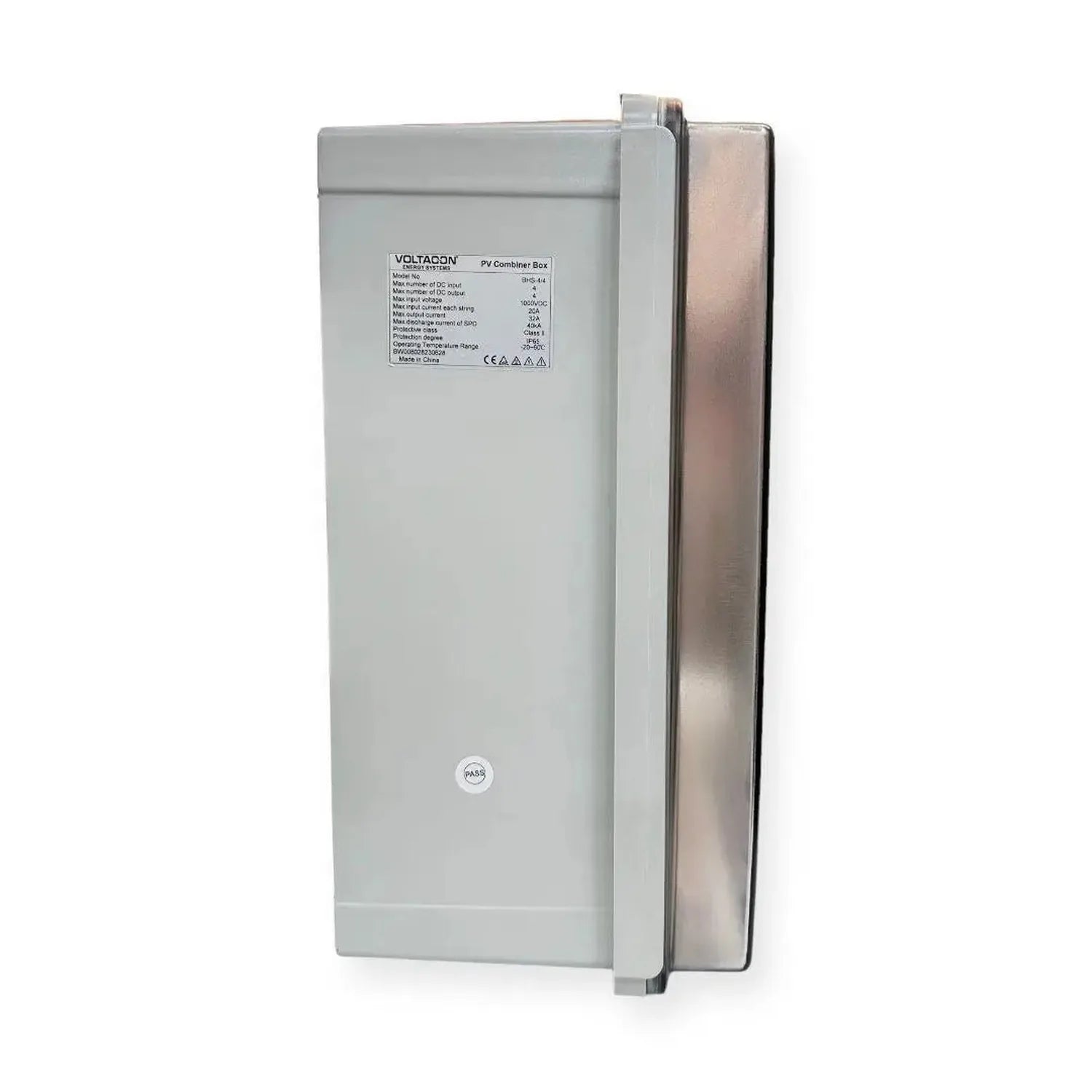 Voltacon PV Combiner Box with white enclosure and metal door, specification label visible on front panel.