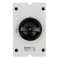 BENY 2-pole isolator switch with black rotary handle on white faceplate, rated 230-440VAC 25A IP65, shown as product unit.