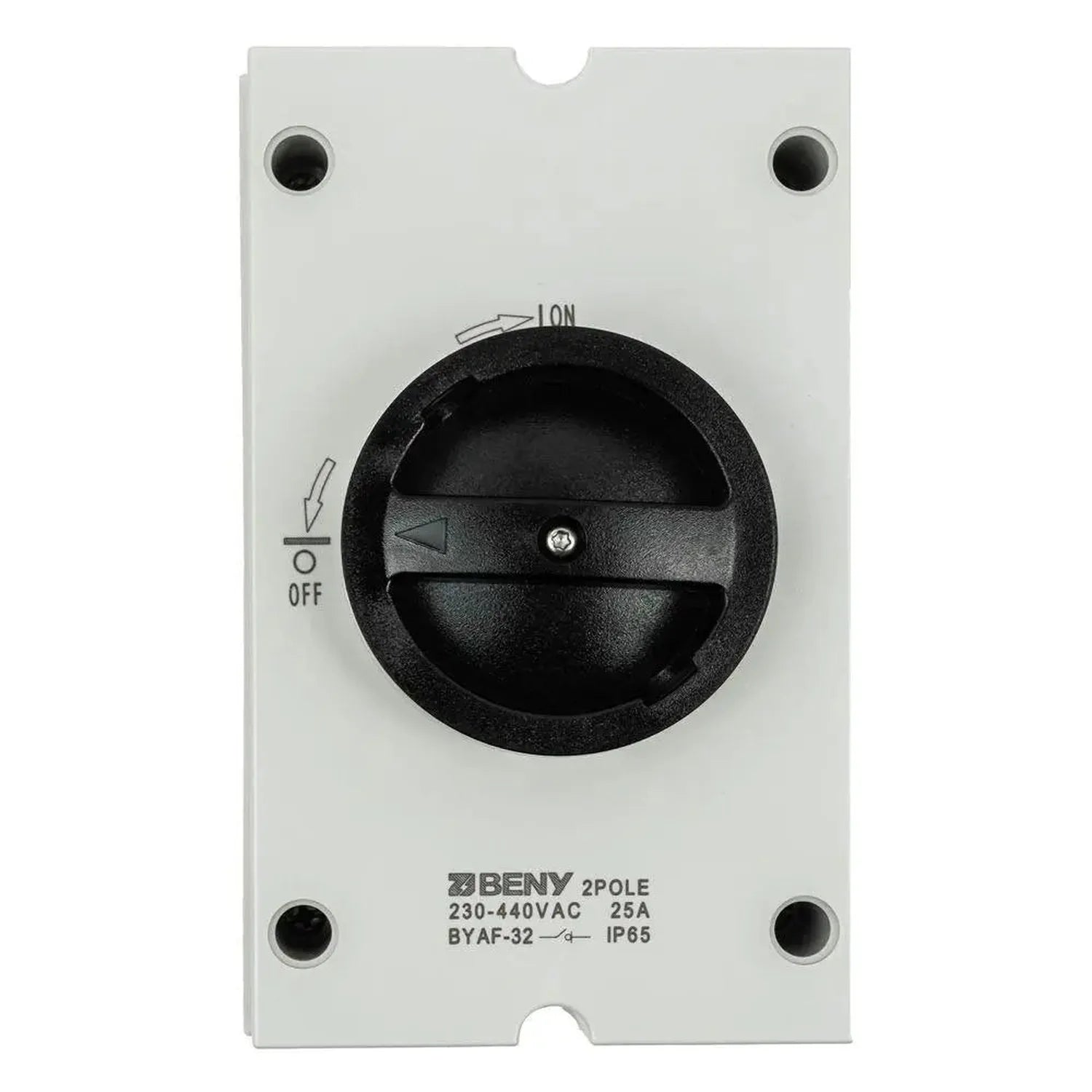 BENY 2-pole isolator switch with black rotary handle on white faceplate, rated 230-440VAC 25A IP65, shown as product unit.