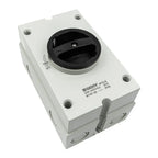 White plastic enclosure with black rotary disconnect switch, labeled BENY 2POLE 230-440VAC 25A IP65, mounted on white backgro