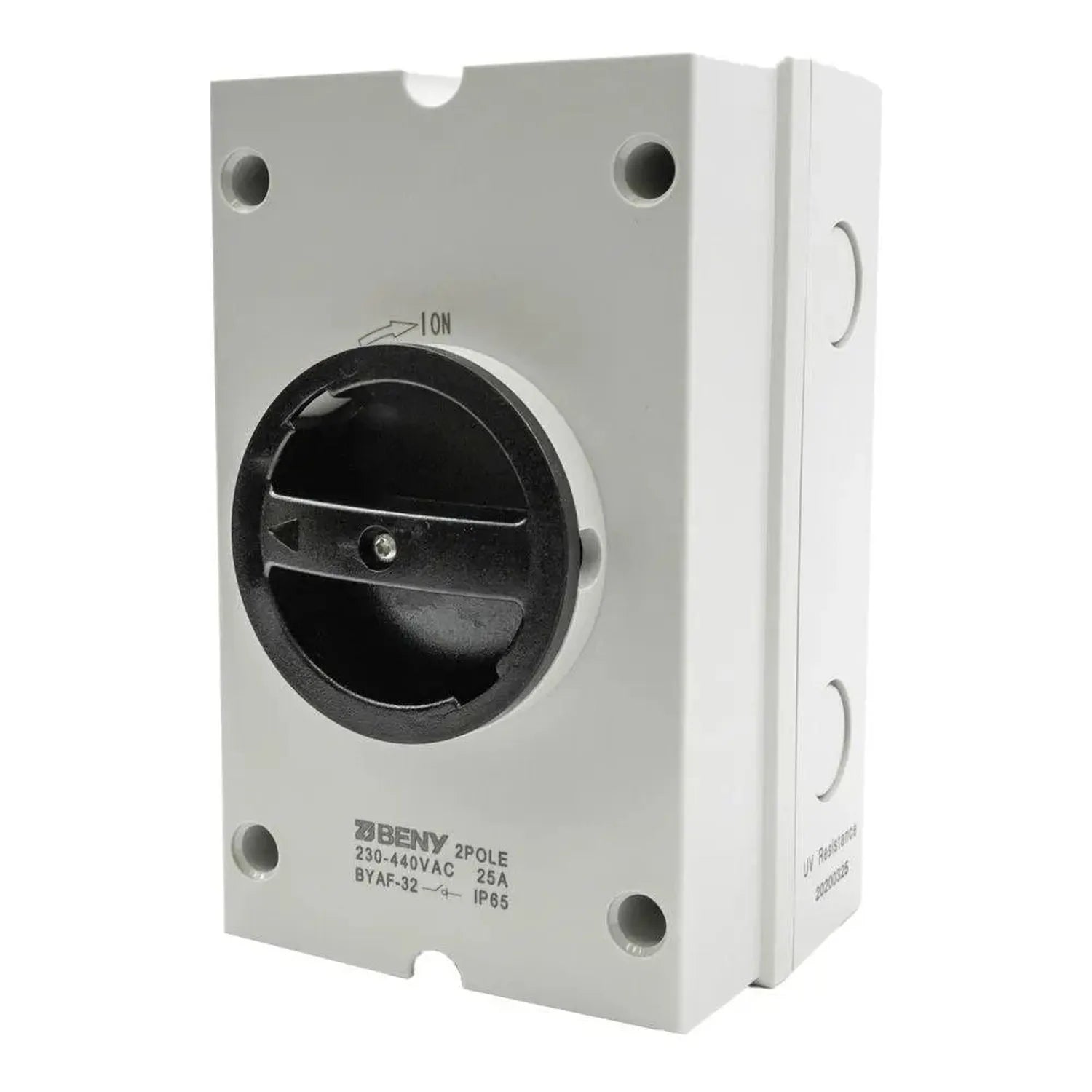White weatherproof isolator switch with black rotary dial marked ON, mounted on gray enclosure box with cable entry holes.