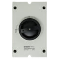 BENY 3-pole isolator switch with black rotary handle marked ON and OFF, mounted on light gray faceplate with four corner scre