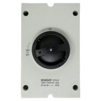 BENY 3-pole isolator switch with black rotary handle marked ON and OFF, mounted on light gray faceplate with four corner scre