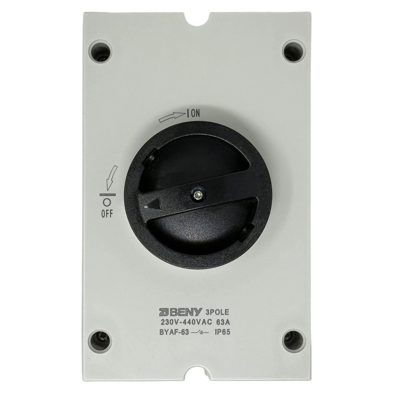 BENY 3-pole isolator switch with black rotary handle marked ON and OFF, mounted on light gray faceplate with four corner scre