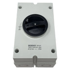 BENY 3-pole isolator switch with black rotary handle mounted on gray enclosure, front view product shot.