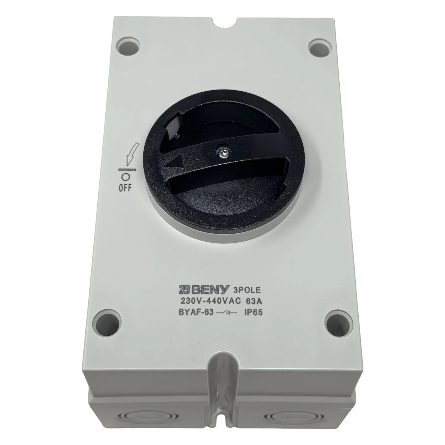 BENY 3-pole isolator switch with black rotary handle mounted on gray enclosure, front view product shot.