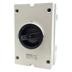 BENY 3-pole isolator switch with black rotary handle on cream-colored enclosure, rated 230V-440V AC 63A IP65, mounted product