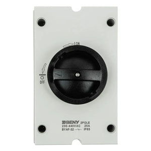 BENY 2-pole isolator switch with black rotary knob marked ON and OFF, mounted on white plate, IP65 rated.