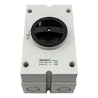 BENY 2-pole isolator switch with black rotary handle mounted on gray plastic enclosure, labeled 230-440VAC 25A IP65.