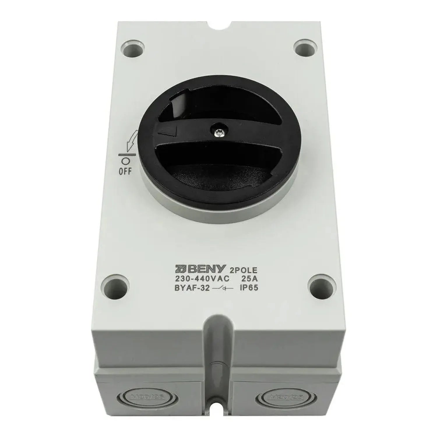 BENY 2-pole isolator switch with black rotary handle mounted on gray plastic enclosure, labeled 230-440VAC 25A IP65.